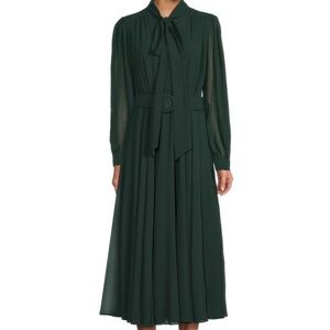 Belted Tie-Neck Long-Sleeve Midi-Dress